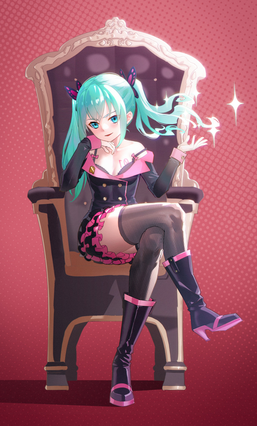 1girl absurdres aqua_eyes aqua_hair belt between_legs black_belt black_jacket black_skirt black_thighhighs blush breasts butterfly_hair_ornament cleavage dragonashen0201 fingernails hair_between_eyes hair_ornament hand_between_legs hatsune_miku highres honey_whip_(module) jacket long_hair long_sleeves looking_at_viewer nail_polish on_bench parted_lips project_diva_(series) red_nails sidelocks simple_background sitting skirt sweet_devil_(vocaloid) thighhighs throne vocaloid