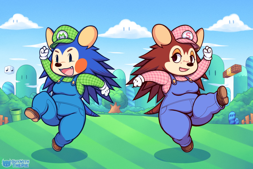 2023 3:2 animal_crossing anthro block brown_body clothing cosplay duo eulipotyphlan fangs female guywiththepie hedgehog hi_res lidded_eyes luigi mabel_able mammal mario mario_bros nintendo open_mouth outside overalls sable_able signature slightly_chubby slightly_chubby_female smile teeth thick_thighs