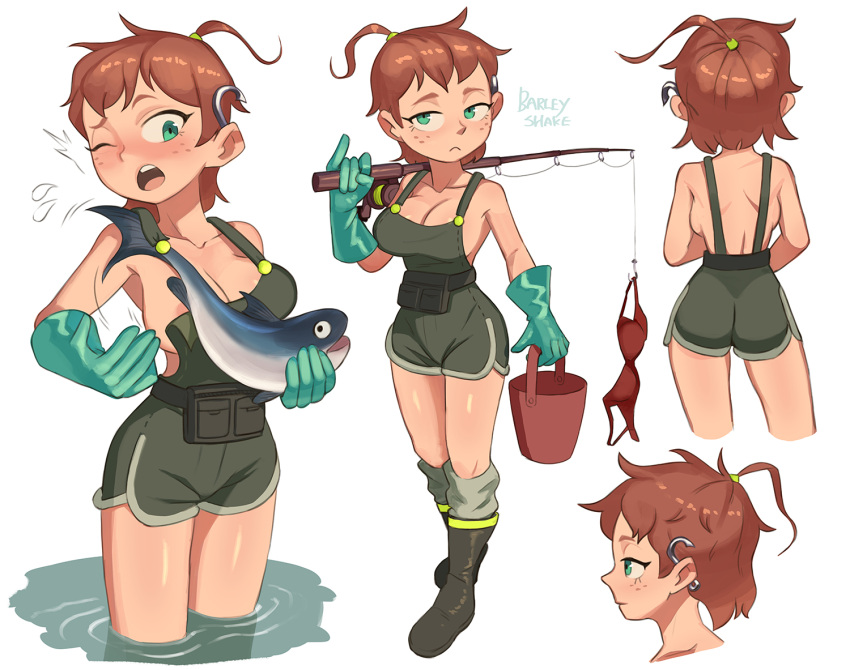 1girl aqua_eyes aqua_gloves areola_slip artist_name barleyshake black_footwear blush boots breasts brown_eyes bucket cleavage copyright_request fish fishing_hook fishing_rod freckles gloves green_overalls holding holding_fishing_rod medium_breasts multiple_views one_eye_closed open_mouth overall_shorts overalls profile short_hair simple_background standing white_background