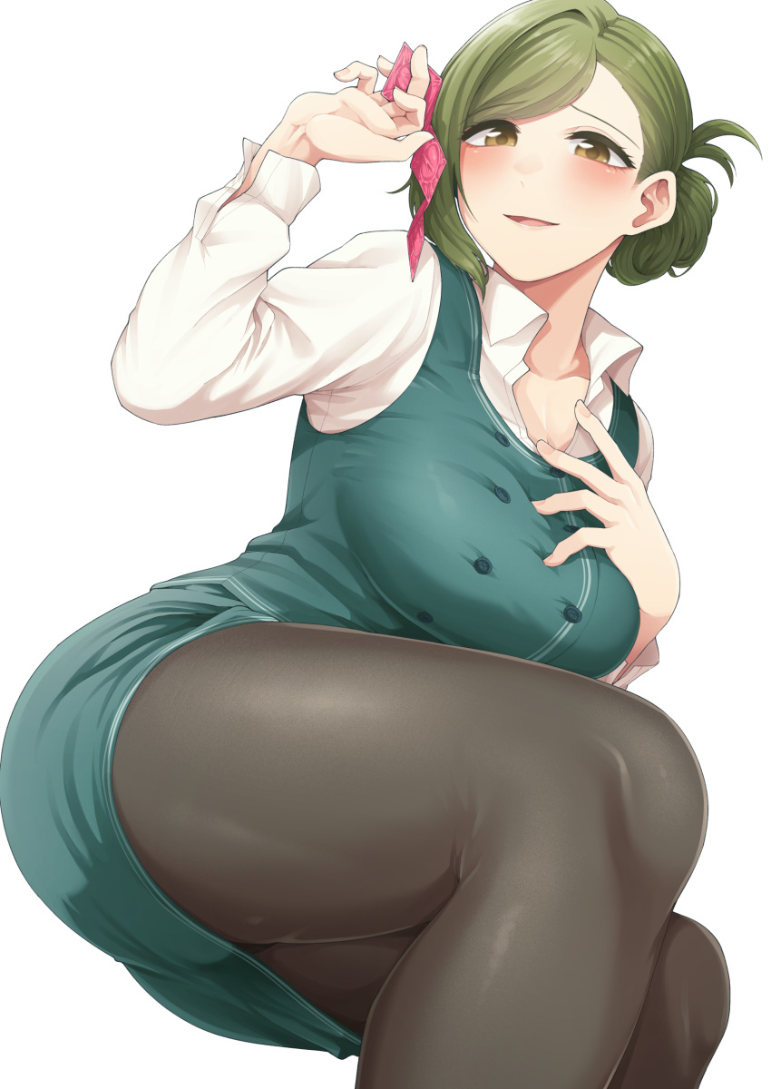 1girl absurdres black_pantyhose blush breasts condom condom_wrapper feet_out_of_frame folded_ponytail green_eyes green_hair green_skirt green_vest highres holding holding_condom idolmaster idolmaster_shiny_colors invisible_chair large_breasts looking_at_viewer nanakusa_hazuki office_lady open_collar pantyhose shirt simple_background single_sidelock sitting skirt smile solo swept_bangs tokufumi vest white_background white_shirt