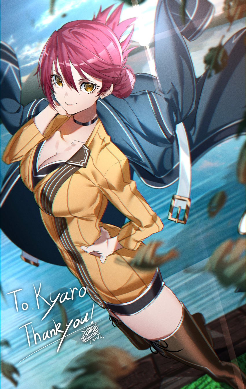 1girl absurdres azarashi_(azrsot) breasts choker cleavage_cutout clothing_cutout coat commission eiyuu_densetsu english_commentary english_text falling_leaves hair_bun hand_on_own_hip highres holding holding_clothes holding_coat large_breasts leaf looking_at_viewer pink_hair sara_valestein sen_no_kiseki sen_no_kiseki_iii signature smile solo standing thighhighs water yellow_eyes