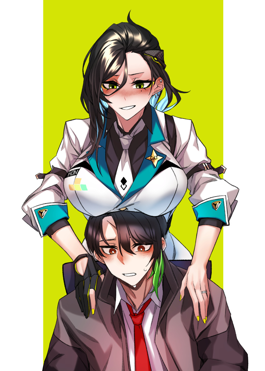 1boy 1girl absurdres behind_another black_hair black_shirt blue_hair blush breasts brown_hair brown_jacket commentary_request commission dogs_(dlrkdejr26) earrings girls'_frontline gloves green_eyes green_hair green_nails hair_ornament hands_on_another's_shoulders highres jacket jewelry korean_commentary large_breasts light_blue_hair long_hair long_sleeves looking_at_another mole mole_under_eye multicolored_hair nail_polish necktie open_mouth original python_(girls'_frontline) ring scar shirt shooting_gloves short_hair simple_background smile solo star_pin streaked_hair sweat two-tone_background two-tone_hair wedding_ring white_jacket white_necktie white_shirt