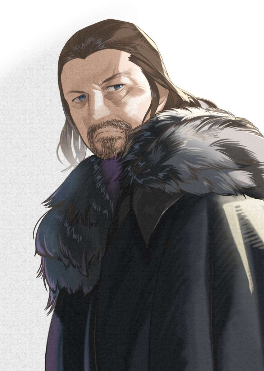 1boy a_song_of_ice_and_fire absurdres akisa_yositake beard black_coat blue_eyes brown_hair coat eddard_stark facial_hair fur-trimmed_coat fur_trim game_of_thrones highres long_hair looking_at_viewer looking_back male_focus medieval simple_background