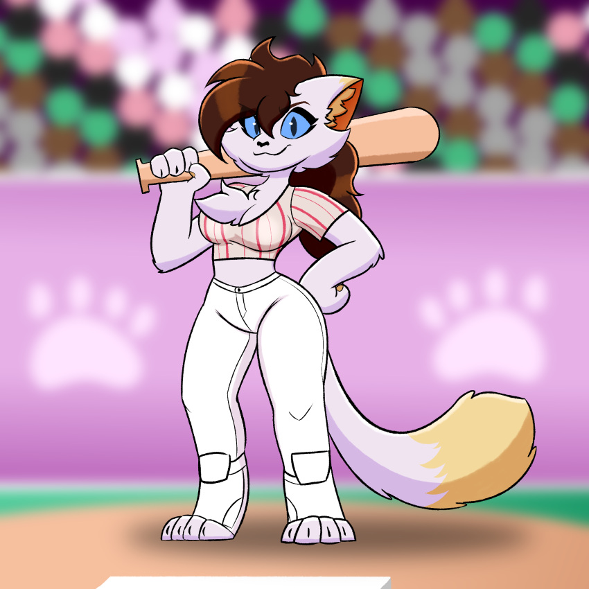 anthro baseball_bat baseball_uniform bat_(object) clothing domestic_cat felid feline felis female fluffy fluffy_tail fur hair hi_res mammal mileena_smith_(travis_the_dragon) sportswear tail travis_the_dragon uniform white_body white_fur