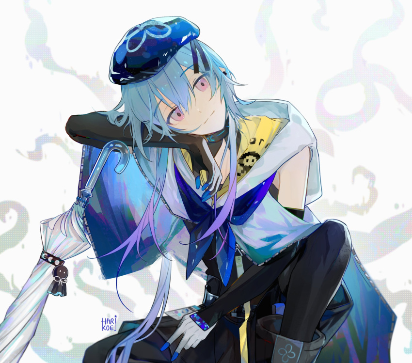 1boy arknights arm_up artist_name beret black_gloves blue_cloak blue_headwear cloak cowboy_shot elbow_gloves expressionless gloves harikoe hat head_rest high_tops highres infection_monitor_(arknights) jellyfish jellyfish_hair_ornament knee_up leaning_on_object male_focus mizuki_(arknights) multicolored_clothes multicolored_gloves purple_eyes shoes short_hair_with_long_locks sitting sneakers solo straight-on tilted_headwear transparent transparent_umbrella umbrella white_background white_cloak white_gloves