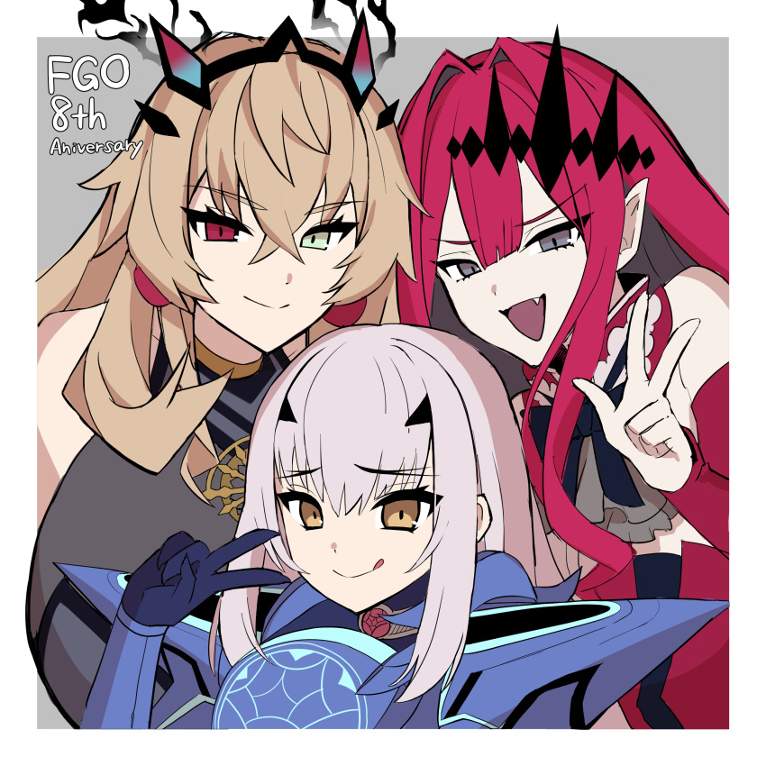 3girls absurdres baobhan_sith_(fate) baobhan_sith_(first_ascension)_(fate) barghest_(fate) barghest_(second_ascension)_(fate) blonde_hair brown_eyes earrings fang fate/grand_order fate_(series) gloves green_eyes grey_background grey_eyes heterochromia highres imuzi jewelry long_hair melusine_(fate) melusine_(first_ascension)_(fate) multiple_girls pink_hair pointy_ears red_eyes smile tongue tongue_out typo v white_hair