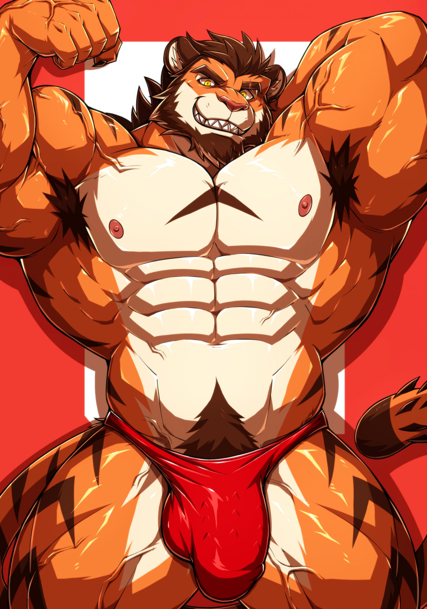 abs anthro armpit_hair body_hair bulge clothing drks felid genitals hi_res hulooo looking_at_viewer male mammal muscular muscular_anthro muscular_male nipples pantherine pecs penis pubes sharp_teeth solo spiked_penis spikes spikes_(anatomy) teeth thong tiger underwear vein veiny_muscles