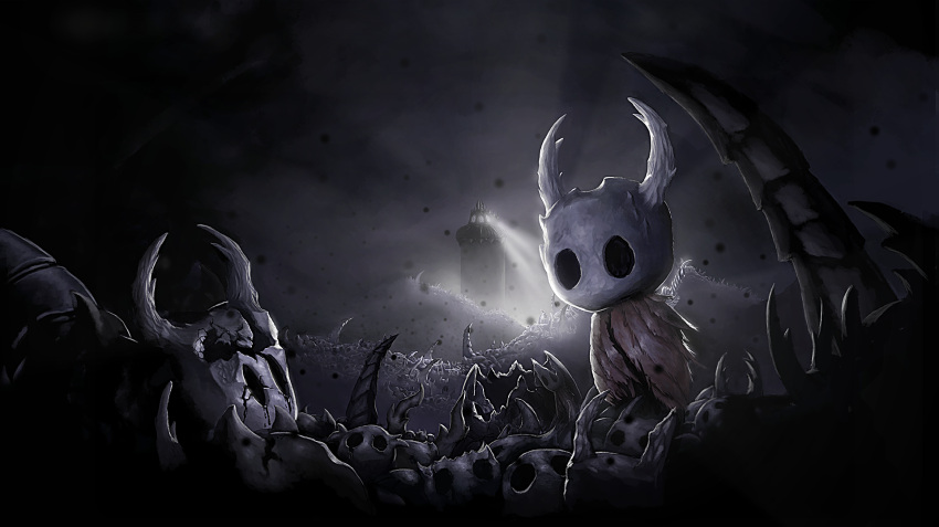 2018 ambiguous_gender animal_humanoid arthropod arthropod_humanoid beacon_(light) big_head black_eyes bone broken building corpse corpse_pile creepy dark_theme detailed detailed_background digital_media_(artwork) digital_painting_(artwork) empty_eyes front_view grave hi_res hollow_knight humanoid insect insect_humanoid istrandar light lighthouse lighting mass_grave nail_(weapon) particles protagonist_(hollow_knight) red_cloak skull solo standing team_cherry vessel_(species) weapon_on_back