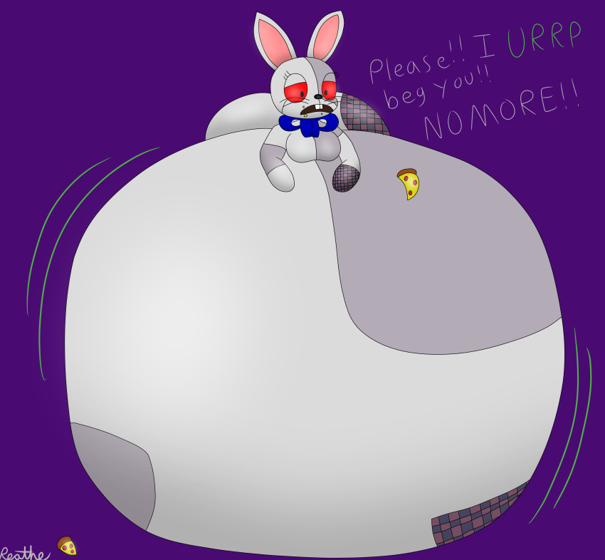 absurd_res begging belly big_belly big_butt bloated blue_ribbon breasts butt dialogue female five_nights_at_freddy's food food_on_belly food_on_face grey_body hi_res huge_butt hyper hyper_belly immobile lagomorph leporid lying mammal on_front panicking pizza purple_background rabbit reathe red_eyes scottgames shaded simple_background simple_shading solo vanny_(fnaf) worried