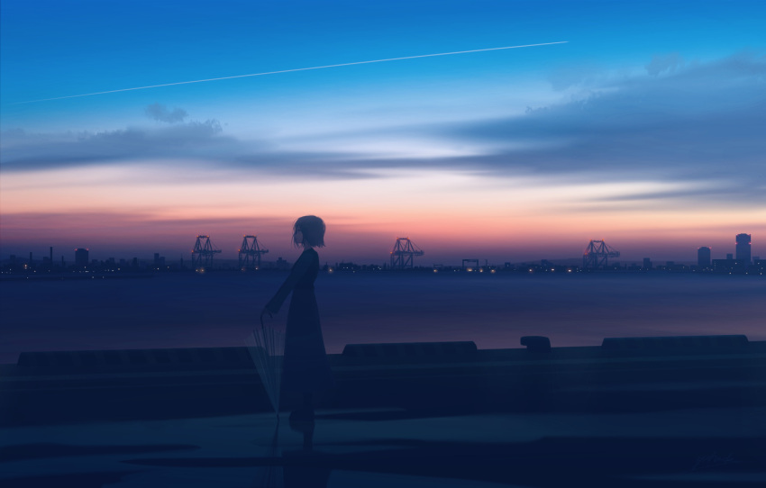 1girl black_hair commentary_request crane_(machine) dawn dress from_side harbor highres holding holding_umbrella long_sleeves ocean original outdoors scenery short_hair solo standing transparent transparent_umbrella umbrella wide_shot yuhack