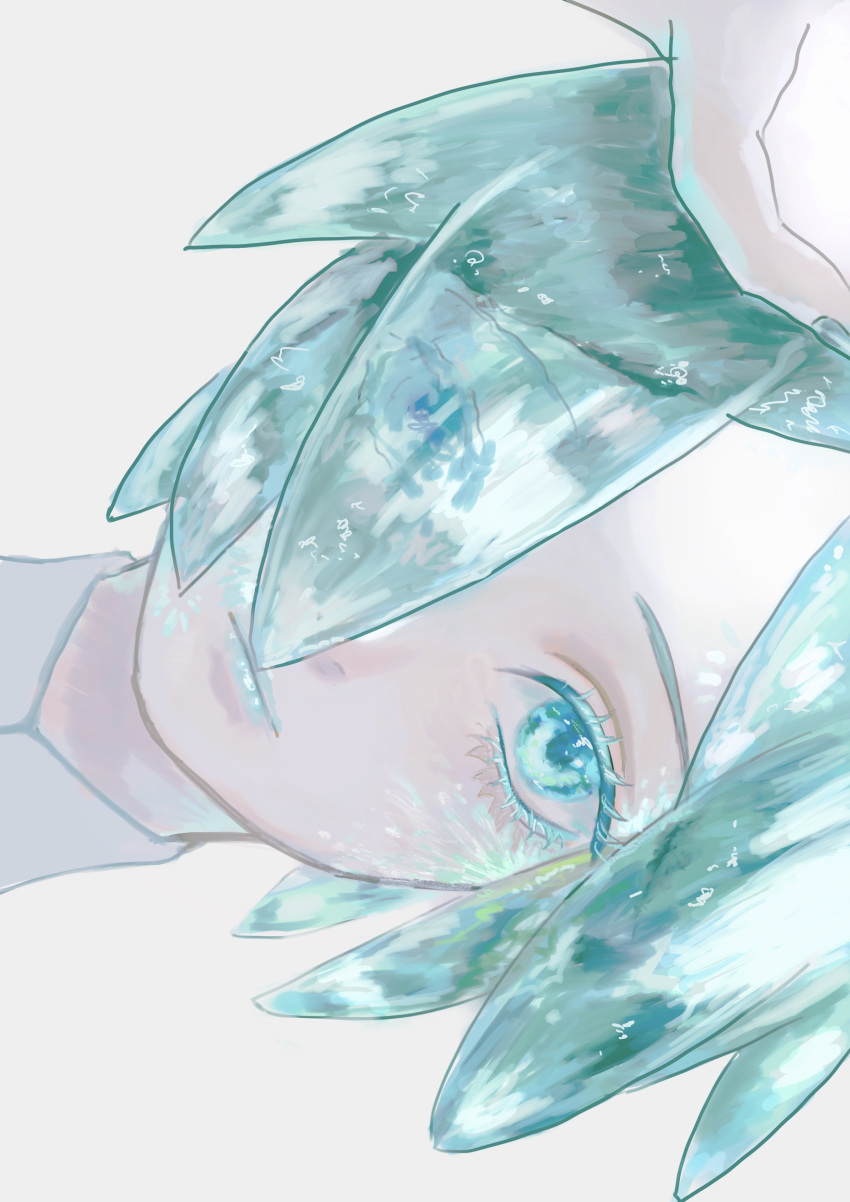 1other absurdres androgynous aqua_eyes aqua_hair aqua_lips aqua_nails collared_shirt colored_eyelashes crystal_hair eyelashes gem glowing glowing_hair hair_over_one_eye high_collar highres houseki_no_kuni lips lipstick looking_at_viewer makeup nail_polish other_focus parted_bangs phosphophyllite portrait satoukusuri shirt short_hair simple_background solo translucent translucent_hair white_background