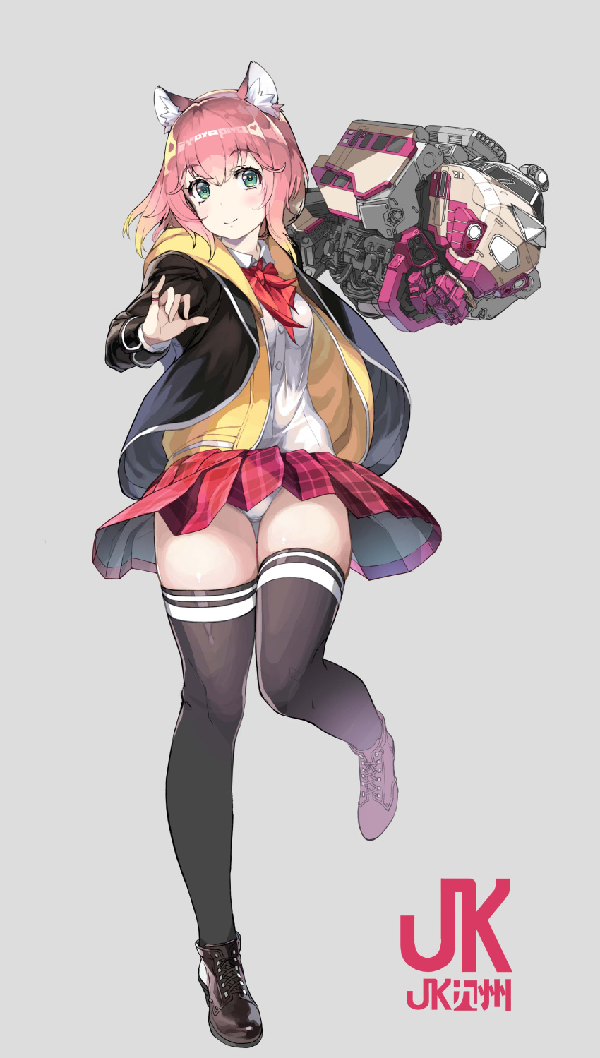 1girl absurdres animal_ear_fluff animal_ears black_footwear black_thighhighs blonde_hair blush commentary_request full_body gradient_hair grey_background highres hood hooded_jacket jacket looking_at_viewer mechanical_arms multicolored_hair neckerchief nishii_(damnedrive) open_clothes open_jacket original panties pantyshot pink_hair plaid plaid_skirt pleated_skirt red_neckerchief red_skirt shirt simple_background single_mechanical_arm skirt smile solo thigh_gap thighhighs two-tone_hair underwear white_panties white_shirt