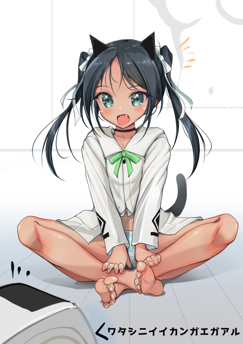 1girl animal_ears barefoot black_hair cat_ears cat_tail collared_shirt commentary_request dark-skinned_female dark_skin dress_shirt fang francesca_lucchini full_body green_eyes hair_ribbon highres long_hair open_mouth panties ribbon robot shirt solo strike_witches striped striped_panties tail translation_request underwear white_shirt world_witches_series yashin_(yasinz)
