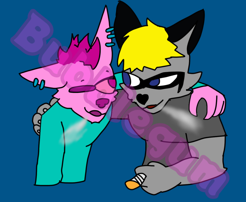 blonde_hair blue_clothing blue_eyes blue_shirt blue_topwear canid canine clothing drugs duo ear_piercing fox fur grey_body grey_clothing grey_fur grey_shirt grey_topwear hair male male/male mammal marijuana piercing pink_body pink_fur procyonid purple_eyes raccoon shirt smoke_from_mouth smoking_weed topwear