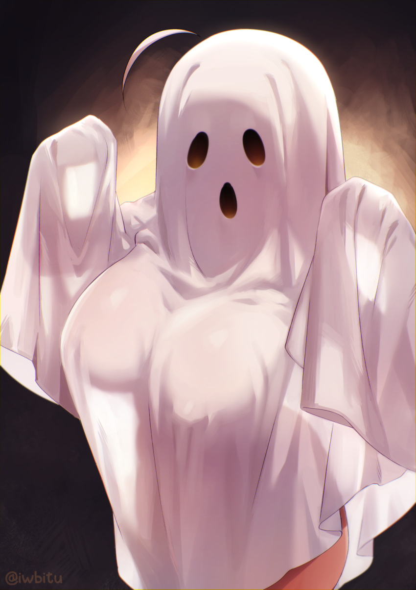 1girl ahoge breasts commentary covered_nipples english_commentary ghost_costume halloween highres iwbitu large_breasts nyopu original sleeves_past_fingers sleeves_past_wrists solo thighs twitter_username white_hair