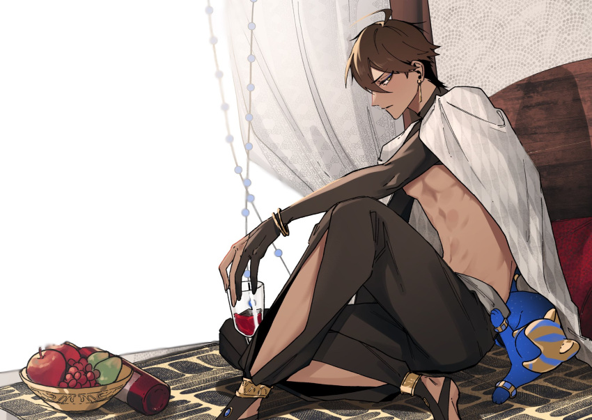 1boy abs ahoge apple bishounen blue_eyeliner bottle bowl brown_hair brown_pants cape cat cup curtains dabin dangle_earrings drinking_glass earrings egyptian_clothes eyelashes fate/grand_order fate_(series) food fruit gold_bracelet grapes hair_between_eyes highres holding holding_cup jewelry male_focus ozymandias_(fate) pants parted_lips pear pectorals sitting usekh_collar white_cape wine_bottle wine_glass yellow_eyes