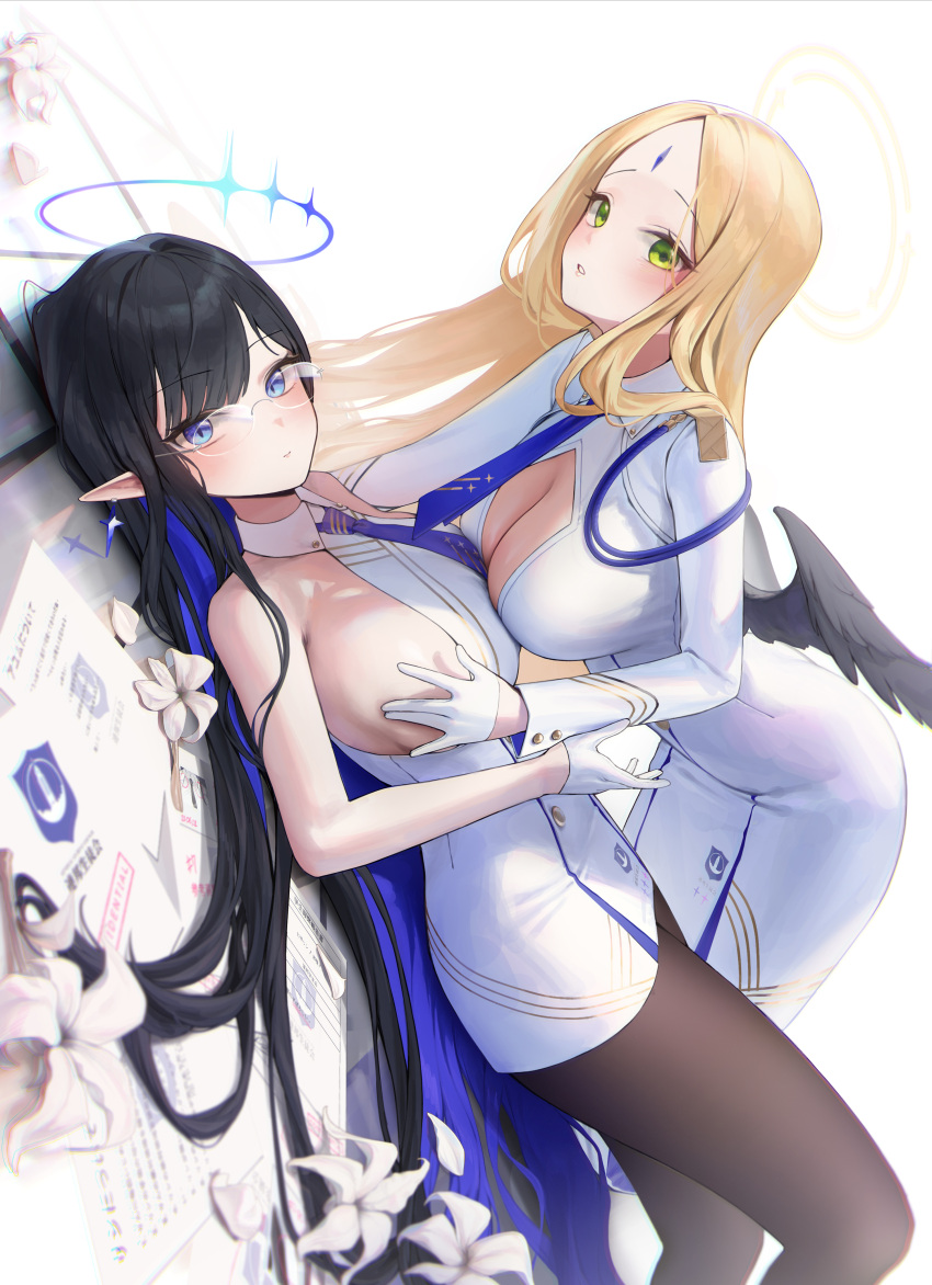 2girls absurdres ayumu_(blue_archive) bare_shoulders black_hair black_pantyhose blonde_hair blue_archive blue_eyes blue_hair blue_necktie blush breast_press breasts closed_mouth colored_inner_hair dong_ji dress earrings feathered_wings forehead_jewel gloves green_eyes halo highres jewelry large_breasts long_hair long_sleeves looking_at_another looking_at_viewer low_wings multicolored_hair multiple_girls necktie pantyhose parted_bangs pointy_ears rin_(blue_archive) sideboob simple_background very_long_hair white_background white_dress white_gloves wings