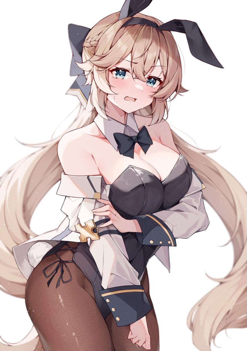 1girl absurdres animal_ears arm_under_breasts black_bow black_bowtie black_leotard black_pants blonde_hair blue_eyes blush blush_stickers bow bowtie braid breast_hold breasts brown_pantyhose cleavage commentary_request cross-laced_slit detached_collar double-parted_bangs fake_animal_ears fake_tail french_braid groin hair_between_eyes hair_flaps half_updo highleg highleg_leotard highres jacket leotard light_brown_hair long_hair long_sleeves looking_at_viewer misoni_(mi_so_ni_t) nero_x'fire nervous_sweating official_art open_mouth pants pantyhose playboy_bunny rabbit_ears rabbit_tail simple_background sleeve_cuffs solo split_ponytail strapless strapless_leotard sweat tail very_long_hair very_sweaty virtual_youtuber wavy_mouth white_background white_jacket wing_collar x_enc'ount