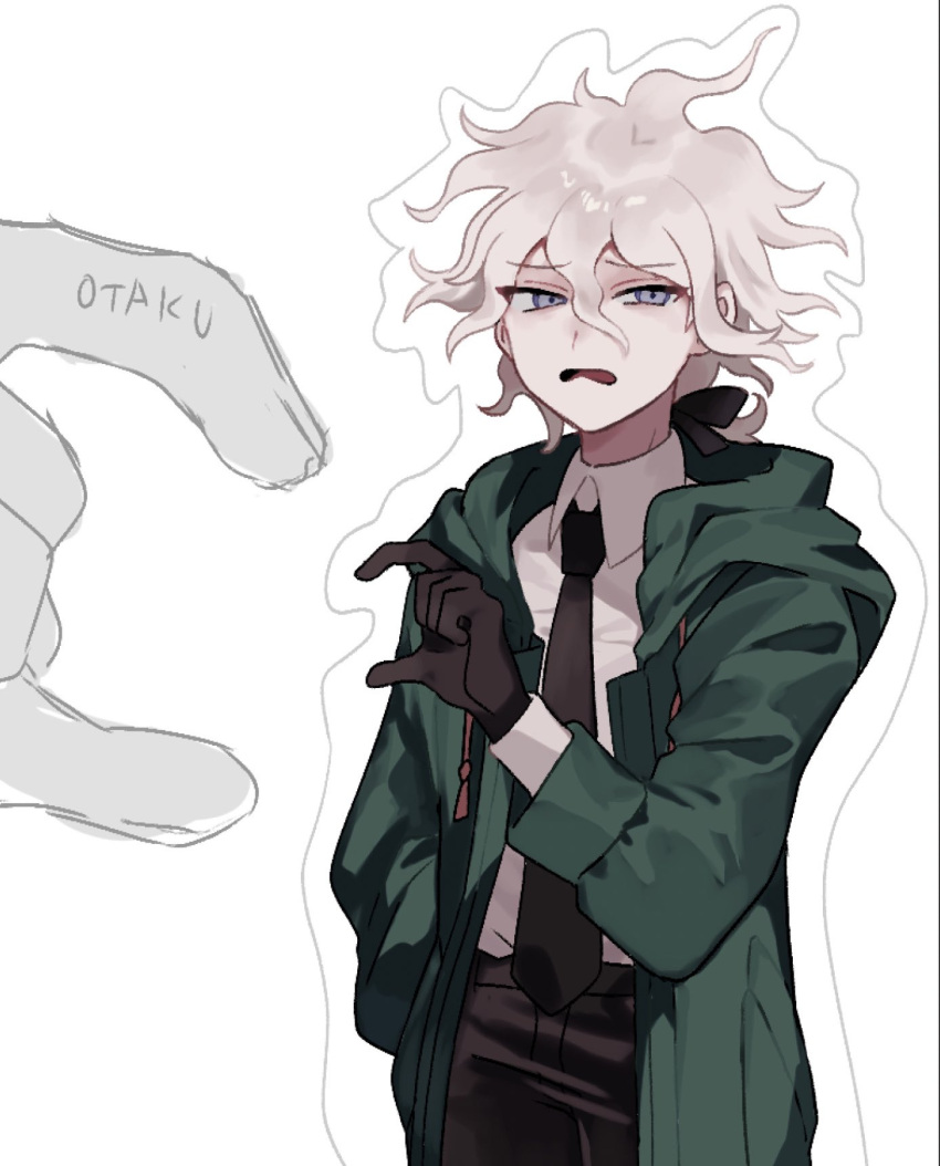 1boy black_gloves black_necktie black_pants collared_shirt d: danganronpa_(series) danganronpa_2:_goodbye_despair disgust gloves green_jacket grey_eyes grey_hair hair_between_eyes heart heart_hands highres jacket komaeda_nagito long_sleeves male_focus messy_hair mini_person miniboy monigechan necktie open_clothes open_jacket pants shirt shirt_tucked_in size_difference solo_focus white_shirt