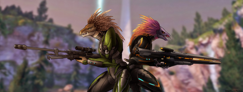 3_fingers akilae06 alien armor avian back_to_back beak binary_rifle bipod brown_feather_hair cor_zan cuisse duo fangs feather_hair feathered_crest feathers female fingers green_armor grey_body grey_skin gun halo_(device) halo_(series) head_crest hi_res holding_gun holding_object holding_ranged_weapon holding_rifle holding_weapon kig-yar microsoft mottled mottled_body mottled_feathers muzzle_brake outside pink_feather_hair pseudo_hair pupils ranged_weapon red_body red_skin rifle scalie scope screencap screencap_background slit_pupils sniper_rifle spaulder t'vaoan tan_body tan_skin teeth tongue vambraces weapon xbox_game_studios yellow_eyes