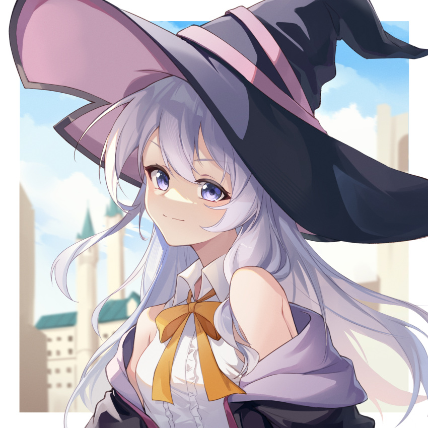 1girl black_coat black_headwear black_robe bow bowtie coat commission elaina_(majo_no_tabitabi) grey_hair hat highres hooded_robe looking_at_viewer majo_no_tabitabi open_clothes open_robe pixiv_commission purple_eyes ribbon robe shirt sing_shuixing sleeveless sleeveless_shirt smile upper_body white_shirt witch witch_hat yellow_bow yellow_bowtie yellow_ribbon