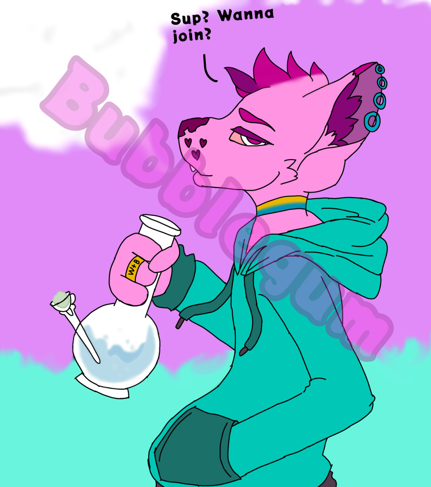 absurd_res anthro bong canid canine clothed clothing drugs ear_piercing fox fully_clothed hi_res hoodie invalid_tag male mammal marijuana piercing pink_body smoking topwear