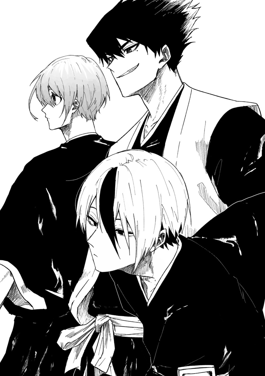 3boys armband bleach blue_lock closed_mouth cowboy_shot fun1_fn greyscale grin hakama highres japanese_clothes karasu_tabito kimono looking_away male_focus mole mole_under_eye monochrome multicolored_hair multiple_boys otoya_eita profile short_hair simple_background smile standing two-tone_hair wide_sleeves you_hiori