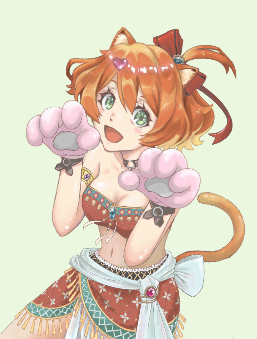 1girl :d animal_ears animal_hands armlet bare_shoulders blush bow breasts cat_ears cat_girl cat_tail choker cleavage collarbone dekuashi freyja_wion gloves green_background green_eyes hair_ornament hair_ribbon heart heart_hair_ornament highres kemonomimi_mode macross macross_delta medium_breasts midriff navel o-ring o-ring_choker paw_gloves pink_gloves procreate_(medium) red_bow red_skirt red_tube_top ribbon short_hair skirt smile solo strapless tail tube_top