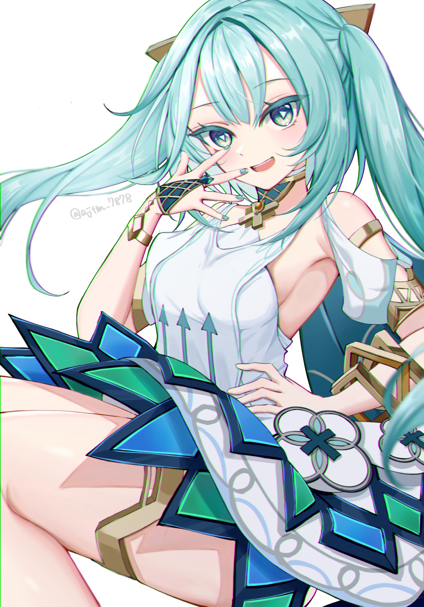 1girl :d absurdres ajino_(ajtm_7878) aqua_hair aqua_nails bare_shoulders bracelet clothing_cutout colored_eyelashes commentary_request dress faruzan_(genshin_impact) genshin_impact green_eyes hand_up highres jewelry long_hair looking_at_viewer nail_polish open_mouth short_sleeves shoulder_cutout simple_background smile solo thighlet thighs twintails white_background white_dress