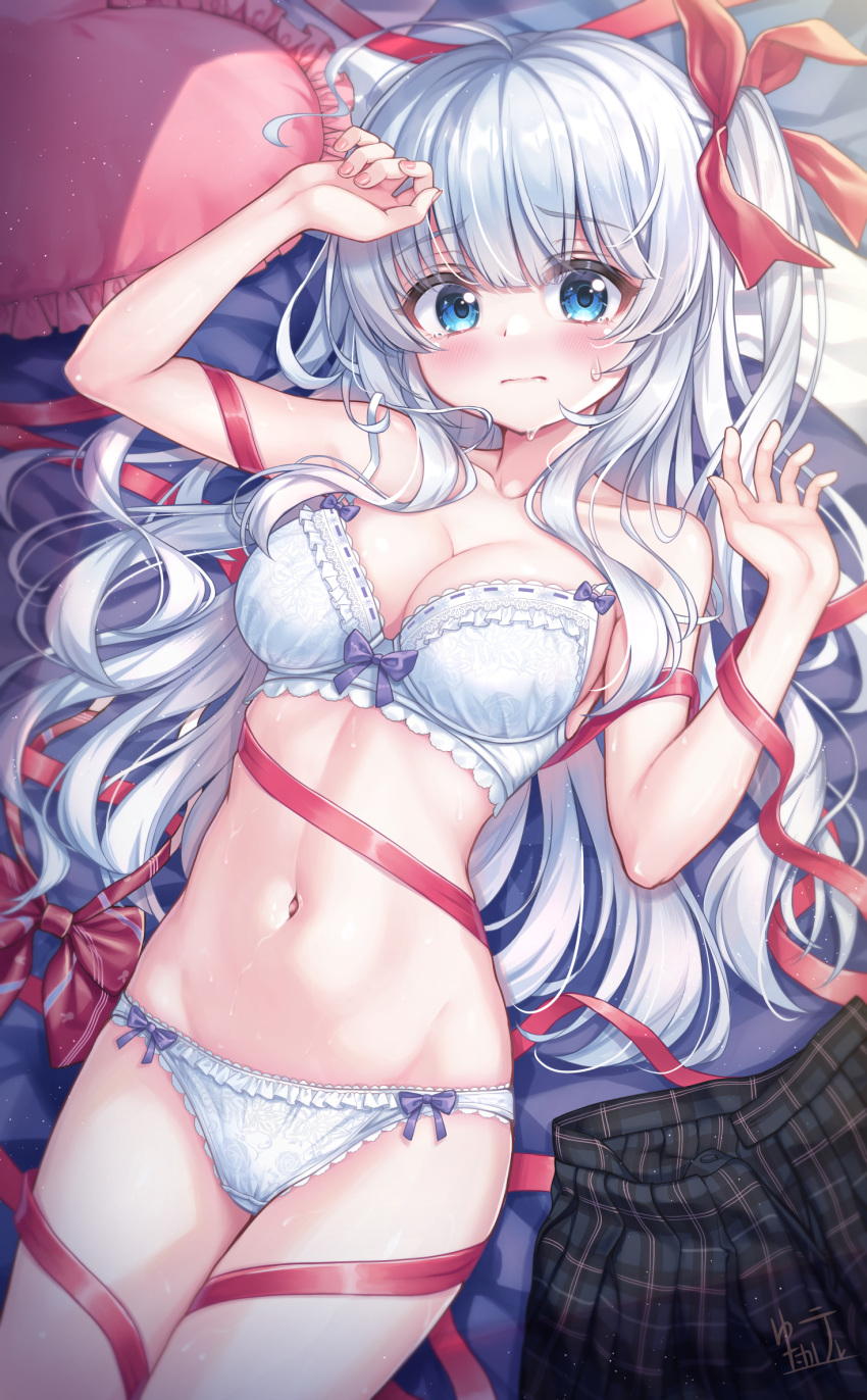 1girl ahoge arm_up bed_sheet blue_eyes blush bow bow_bra bow_panties bra breasts closed_mouth commentary cowboy_shot crotch_seam crying crying_with_eyes_open frilled_bra frills from_above frown hair_ribbon highres lace-trimmed_panties lace_trim long_hair looking_at_viewer lying mashiro_fuuna medium_breasts navel on_back on_bed original panties pillow red_ribbon ribbon skirt skirt_removed strap_slip sweat tears two_side_up tyutaka0427 underwear underwear_only white_bra white_hair white_panties