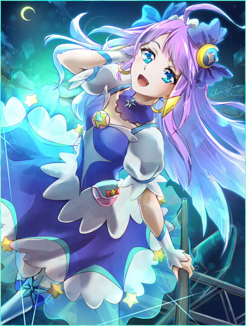 1girl :d artist_name blue_eyes border clear_glass_(mildmild1311) commentary cure_selene dress earrings english_commentary eyelashes hair_ornament happy highres jewelry kaguya_madoka long_hair looking_at_viewer magical_girl open_mouth precure purple_hair signature smile solo star_twinkle_precure twitter_username wrist_cuffs