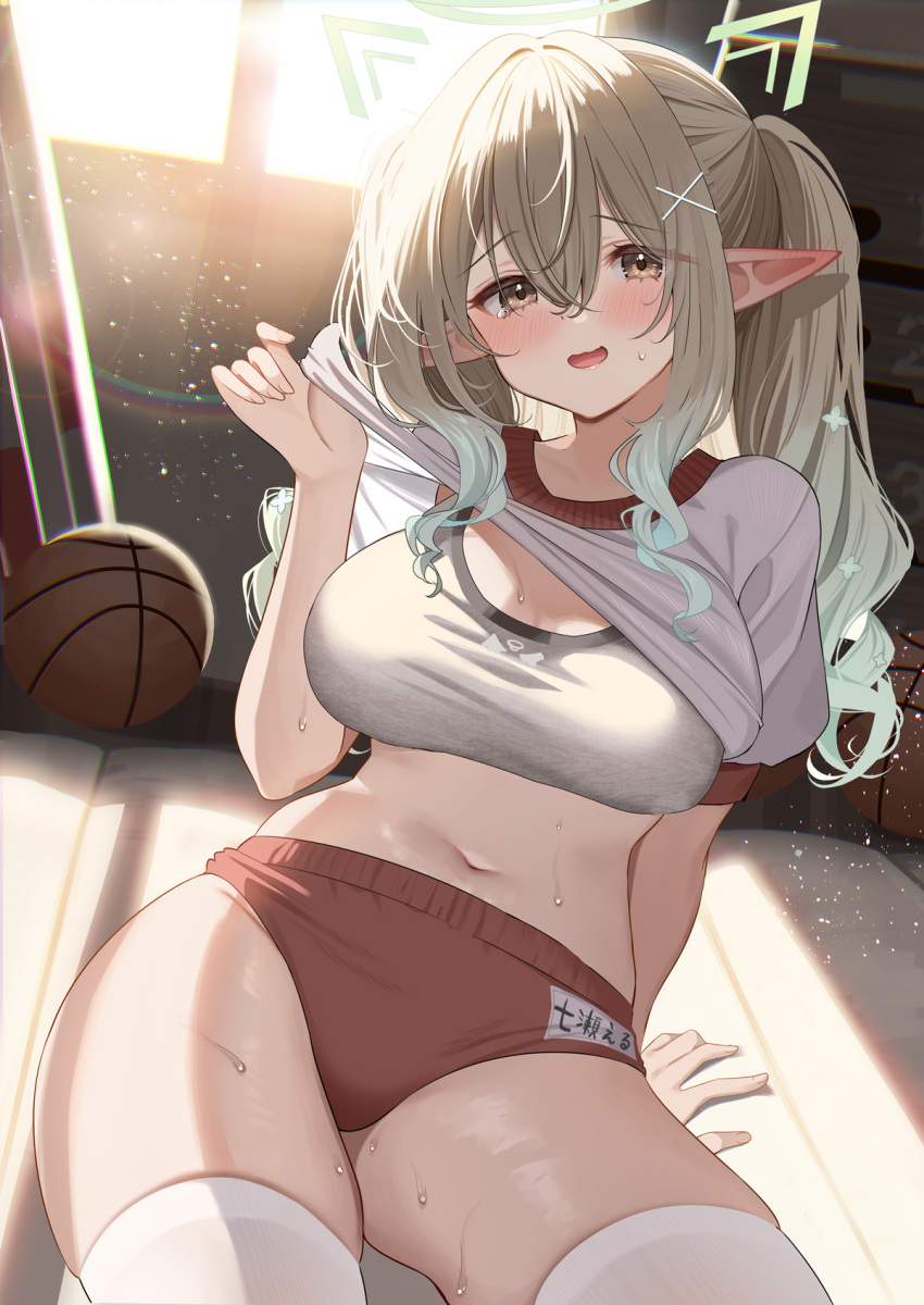 1girl arm_support ball basketball_(object) blush brown_eyes brown_hair buruma clothes_lift gradient_hair gym_shirt gym_uniform hair_between_eyes hair_ornament halo highres indoors light_frown looking_at_viewer midriff multicolored_hair name_tag nanase_eru navel parted_lips piyopoyo pointy_ears red_buruma shirt shirt_lift sports_bra sweat tears thighhighs varium virtual_youtuber white_shirt white_thighhighs x_hair_ornament