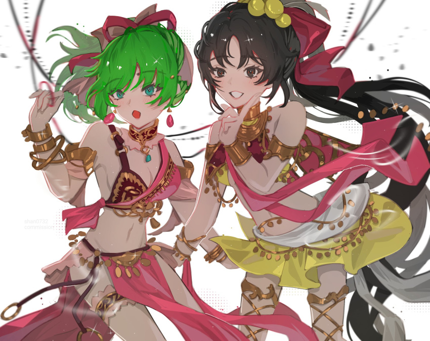 2girls arm_cuffs bare_shoulders beads blue_eyes breasts brown_eyes brown_hair earrings finger_to_cheek fire_emblem fire_emblem:_genealogy_of_the_holy_war frilled_skirt frills green_hair hair_beads hair_ornament hair_ribbon highres jewelry lara_(fire_emblem) lene_(fire_emblem) long_hair mariirasuto7 medium_hair miniskirt multiple_girls navel parted_lips pelvic_curtain ponytail ribbon skirt small_breasts smile teeth very_long_hair white_background wrist_cuffs