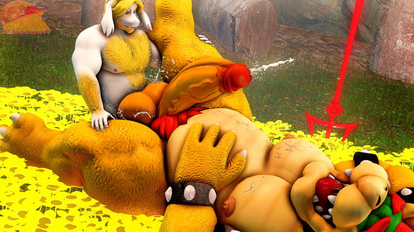 2023 3d_(artwork) anal anal_penetration anthro asgore_dreemurr belly big_penis bodily_fluids body_hair boss_monster bovid bowser bracelet_only caprine chest_hair cum cum_in_ass cum_inside cum_on_belly cum_on_body cum_on_chest cum_while_penetrated cumshot digital_media_(artwork) duo ejaculation erect_nipples eyes_closed flower flower_bed genital_fluids genitals goat grass hairy_arms happy happy_sex hi_res huge_penis koopa leg_glider_position lying male male/male mammal mario_bros melee_weapon moonwulf musclegut muscular muscular_male nintendo nipples nude on_back orgasm penetration penis plant polearm pubes raised_leg reptile rock scalie sex size_difference small_dom_big_sub source_filmmaker spread_legs spreading tongue tongue_out trident turtle undertale undertale_(series) weapon