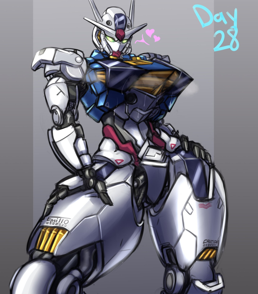 &lt;3 2023 239:273 biped bodily_fluids colored curvy_figure digital_drawing_(artwork) digital_media_(artwork) english_text epsi110 female fingers front_view gundam_aerial hand_on_leg hand_on_thigh hi_res hourglass_figure humanoid looking_at_viewer machine mecha metal mobile_suit_gundam_the_witch_from_mercury not_furry pink_heart portrait robot shaded signature simple_background solo standing sweat text thick_thighs three-quarter_portrait watermark white_body