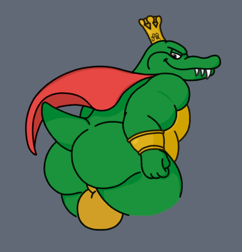 anthro balls belly big_balls big_butt bracelet brown_eyes butt cape clothing crocodilian crown donkey_kong_(series) fist genitals headgear jewelry king_k._rool kremling male nintendo overweight overweight_male presenting presenting_hindquarters reptile scalie smile smirk solo tail teeth waniiime_(artist)