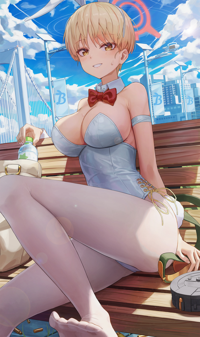 1girl absurdres bench blonde_hair blue_archive blush breasts building cleavage cloud cloudy_sky day detached_collar fake_tail halo hamstarhand highres large_breasts looking_at_viewer marina_(blue_archive) mole outdoors pantyhose rabbit_tail red_halo short_hair sitting sitting_on_bench sky solo tail white_pantyhose wrist_cuffs yellow_eyes
