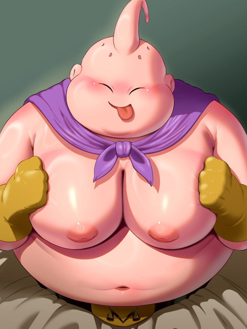 absurd_res antennae_(anatomy) anthro belly blush cape clothing dragon_ball dragon_ball_z hi_res licking licking_lips majin majin_buu male moobs navel nipples overweight pink_body pupils shageshage19 shirtless slit_pupils solo tongue tongue_out