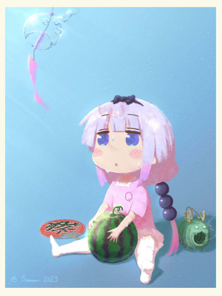 1girl absurdres beads black_bow black_hairband blue_eyes bow bow_hairband commentary_request dress food fruit hair_beads hair_bow hair_ornament hairband hand_fan highres kanna_kamui kobayashi-san_chi_no_maidragon long_hair low_twintails no_shoes paper_fan parted_lips pink_dress purple_hair shingen318 short_sleeves sitting solo sweat thighhighs twintails uchiwa very_long_hair watermelon white_thighhighs