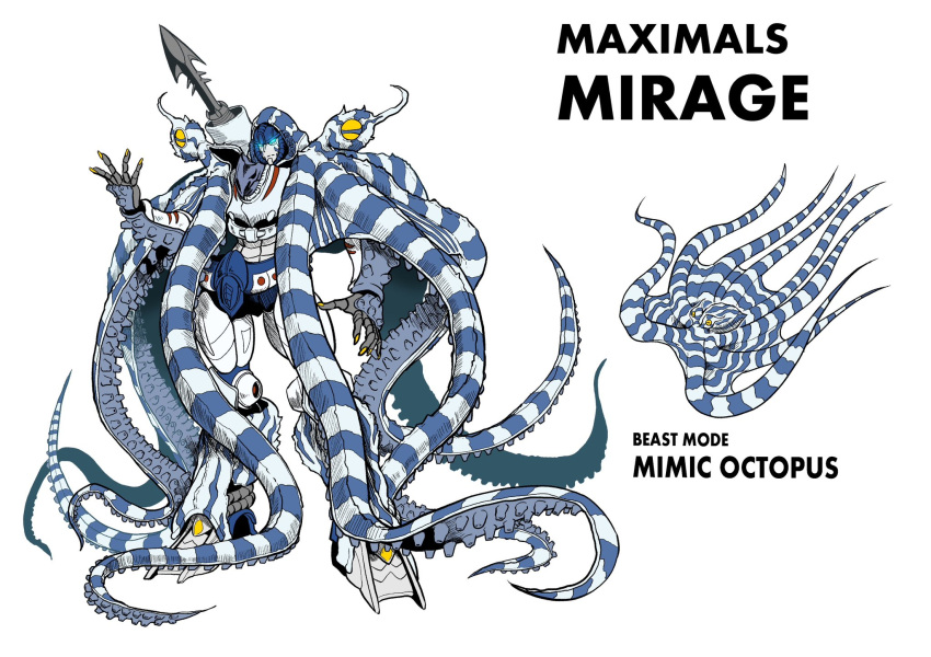 beast_wars blue_eyes character_name glowing glowing_eyes harpoon highres looking_at_viewer mecha mirage_(transformers) multiple_views octopus oohara_tetsuya open_hand redesign robot science_fiction shoulder_cannon tentacles transformers white_background