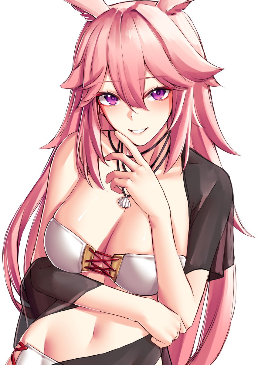 1girl absurdres animal_ears bikini breasts cleavage commentary_request grin hair_between_eyes highres honkai_(series) honkai_impact_3rd jewelry large_breasts long_hair looking_at_viewer navel necklace off_shoulder pink_hair purple_eyes pyeong-il_pyeongil simple_background single_bare_shoulder smile solo stomach strapless strapless_bikini swimsuit upper_body very_long_hair white_background white_bikini yae_sakura