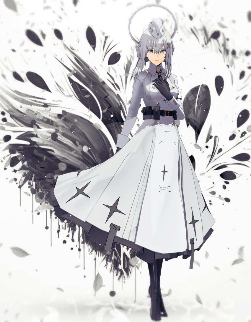 1girl absurdres belt belt_pouch black_belt black_gloves dress garrison_cap gloves gown grey_dress grey_eyes grey_headwear hair_between_eyes hair_ornament halo hat highres kurogoma_(meganegurasan) liv:_empyrea_(punishing:_gray_raven) liv_(punishing:_gray_raven) long_sleeves mechanical_legs medium_hair mikumikudance_(medium) pouch punishing:_gray_raven sidelocks solo x_hair_ornament