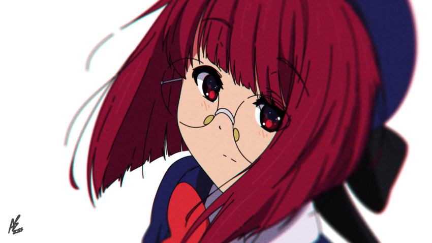 1girl animebrit arima_kana beret bespectacled black_bow blue_headwear blue_jacket blunt_bangs blurry blush bob_cut bow bowtie close-up closed_mouth commentary dated depth_of_field glasses hat hat_bow highres jacket looking_at_viewer oshi_no_ko portrait red_bow red_bowtie red_eyes red_hair school_uniform shirt short_hair signature simple_background solo white_background white_shirt youtou_high_school_uniform