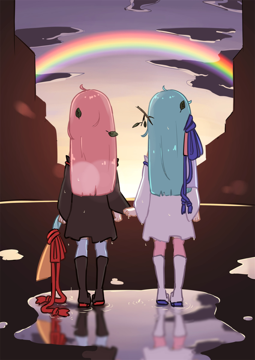 2girls after_rain black_dress blue_hair blue_ribbon blue_thighhighs boots clothes_grab cloud commentary_request detached_sleeves dress facing_away from_behind full_body gradient_sky hair_ribbon highres holding holding_ribbon knee_boots kotonoha_akane kotonoha_aoi leaf leaf_on_head magnumcarta messy_hair multiple_girls outdoors pink_hair pink_thighhighs puddle rainbow red_ribbon reflection reflective_water ribbon ripples short_dress siblings side-by-side sisters sky sleeve_grab standing thighhighs twilight voiceroid wet wet_clothes wet_hair white_dress