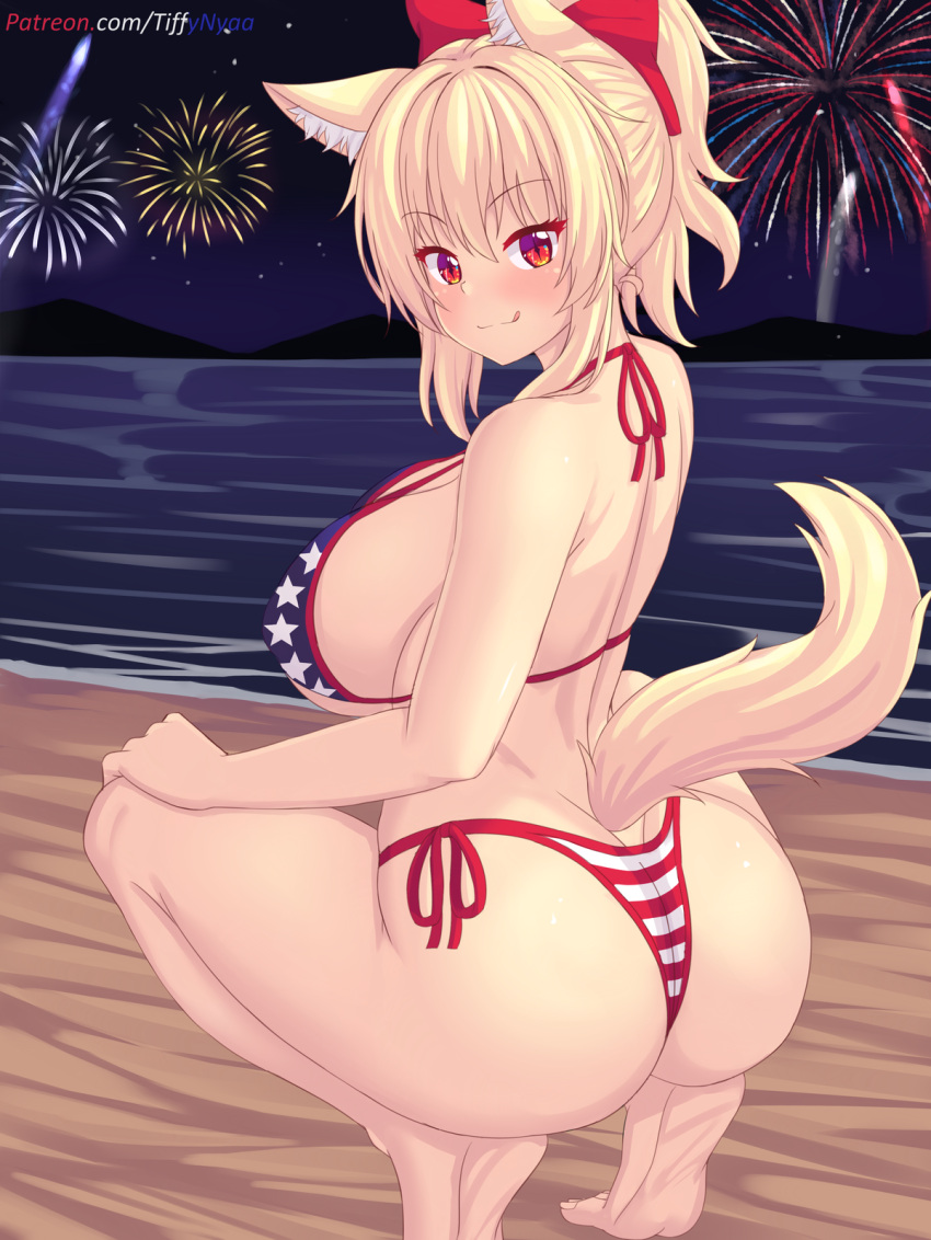 american_flag_bikini ass beach bikini blonde_hair bow fireworks flag_print hair_bow highres night night_sky nottytiffy ocean sky swimsuit thighs tiffy_(nottytiffy)