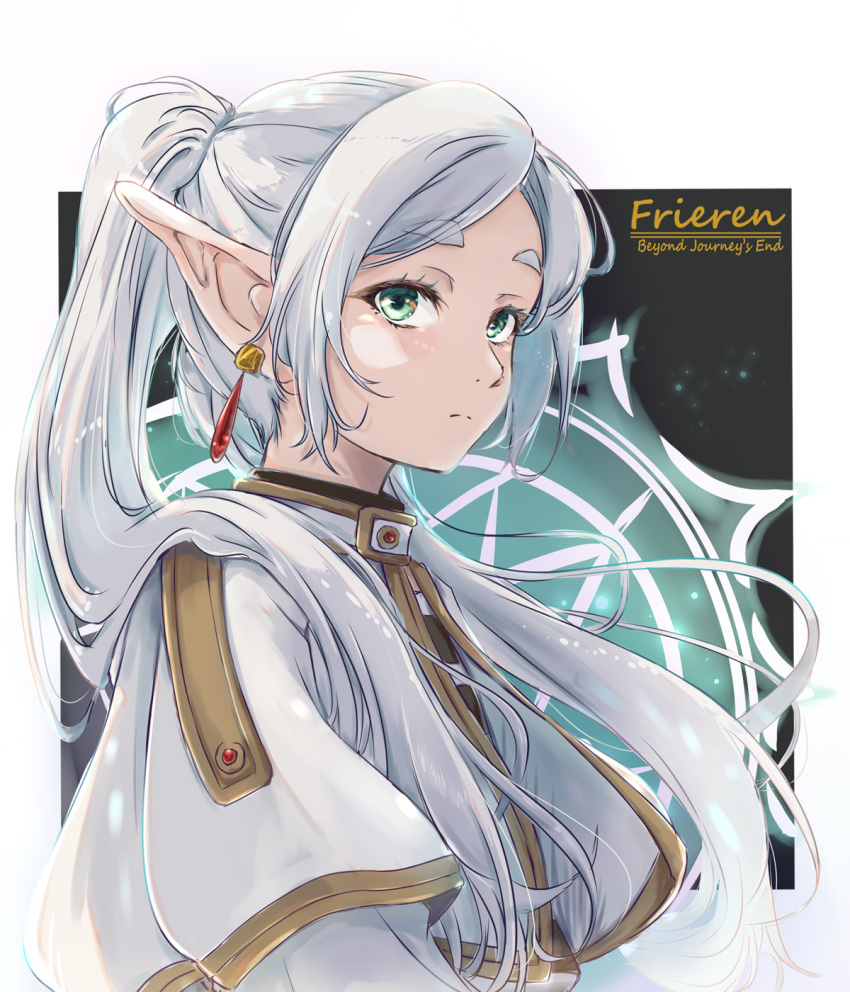 1girl border capelet character_name closed_mouth copyright_name earrings elf english_text frieren green_eyes highres jewelry long_hair looking_at_viewer looking_to_the_side magic_circle nt50 pointy_ears shirt solo sousou_no_frieren striped striped_shirt twintails upper_body white_border white_capelet white_hair