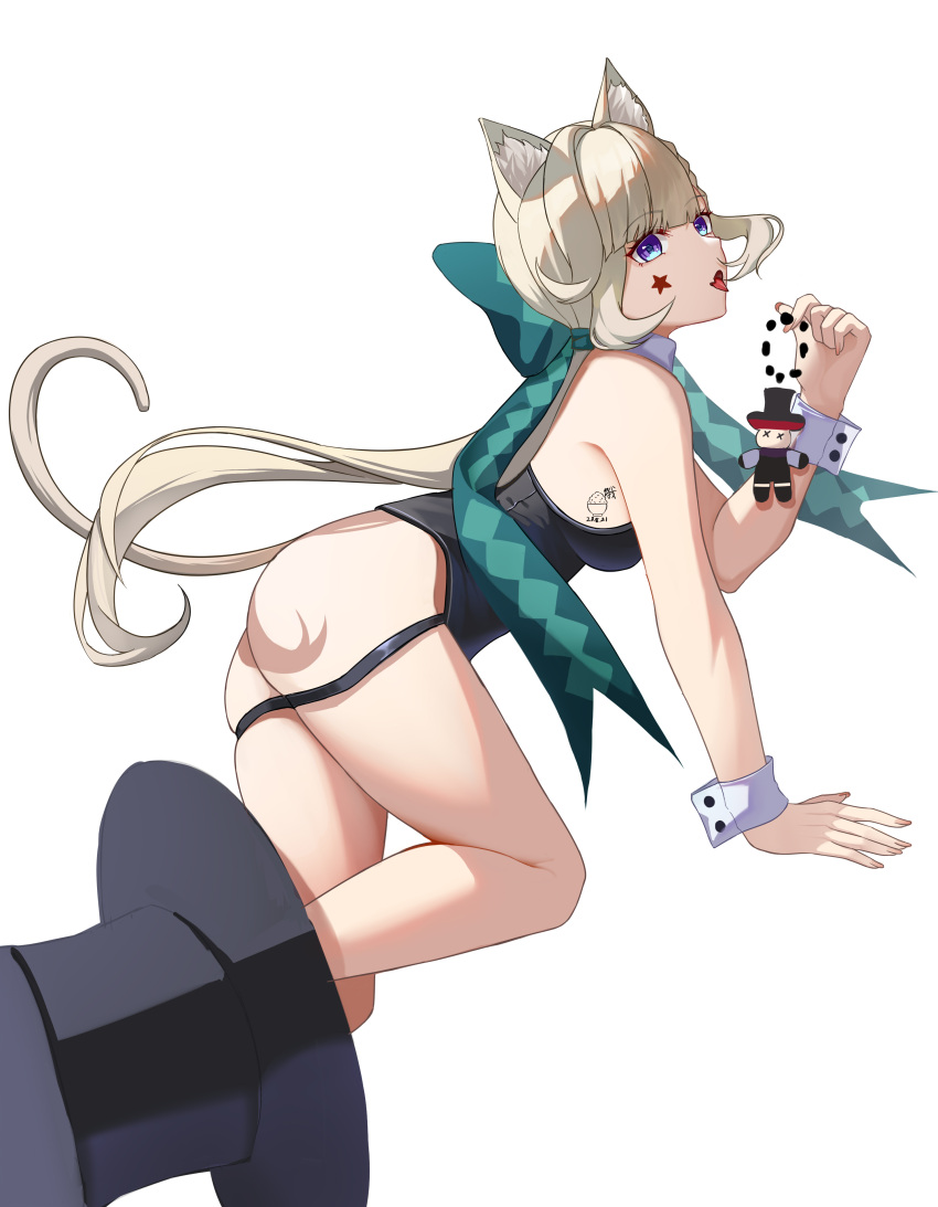 1girl absurdres animal_ear_fluff animal_ears ass bare_arms bare_shoulders black_headwear blue_eyes cat_ears commentary_request ederh genshin_impact grey_hair hat highres holding keychain long_hair looking_at_viewer lynette_(genshin_impact) lyney_(genshin_impact) open_mouth simple_background solo thighs tongue tongue_out top_hat very_long_hair white_background wrist_cuffs