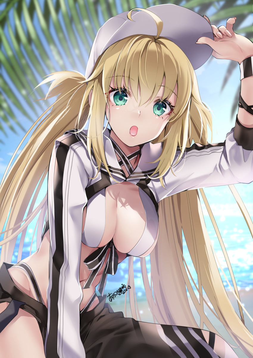 1girl :o ahoge akatsuki_hijiri artoria_caster_(fate) artoria_caster_(swimsuit)_(fate) artoria_pendragon_(fate) asymmetrical_clothes baseball_cap bikini black_pants blonde_hair breasts cleavage commentary_request fate/grand_order fate_(series) fingernails green_eyes hair_between_eyes hat highres jacket long_hair long_sleeves looking_at_viewer medium_breasts navel pants signature single_pantsleg solo stomach striped striped_jacket swimsuit twintails very_long_hair white_bikini white_headwear white_jacket