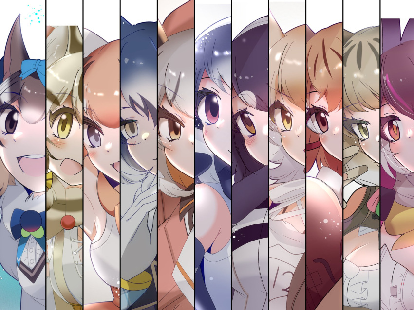 african_penguin_(kemono_friends) animal_ears bat_girl black_eyes black_hair blue_eyes blue_hair bow bowtie brown_eyes brown_hair brown_long-eared_bat_(kemono_friends) caracal_(kemono_friends) cat_girl chipmunk_girl coyote_(kemono_friends) dire_wolf_(kemono_friends) extra_ears fox_girl geoffroy's_cat_(kemono_friends) green_eyes grey_eyes grey_hair hat highres humboldt_penguin_(kemono_friends) island_fox_(kemono_friends) jungle_cat_(kemono_friends) kemono_friends kemono_friends_v_project large-spotted_genet_(kemono_friends) long_hair looking_at_viewer microphone orange_hair penguin_girl ribbon rnrwbhybsxj4qgk short_hair siberian_chipmunk_(kemono_friends) simple_background virtual_youtuber wolf_girl yellow_eyes