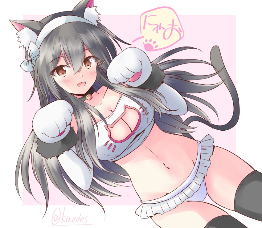 1girl animal_ears animal_hands bikini black_hair black_thighhighs breasts brown_eyes cat_cutouc cat_ears cat_tail cleavage_cutout clothing_cutout frilled_bikini frills gloves hair_ornament hairclip haruna_(kancolle) highres kantai_collection large_breasts long_hair one-hour_drawing_challenge paw_gloves paw_pose shizuna_kaede smile solo swimsuit tail thighhighs white_bikini